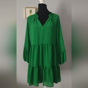 Dres Color Green Ruffles CeCe  Women Long Sleeve V Neck Size Small Excellent Con